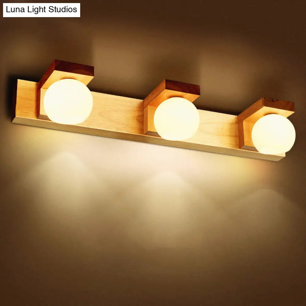 White Glass Led Vanity Light With Wooden Backplate - Simplicity Globe Wall Sconce For Bathroom