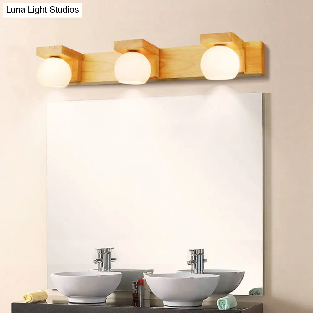 White Glass Led Vanity Light With Wooden Backplate - Simplicity Globe Wall Sconce For Bathroom