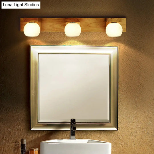 White Glass Led Vanity Light With Wooden Backplate - Simplicity Globe Wall Sconce For Bathroom