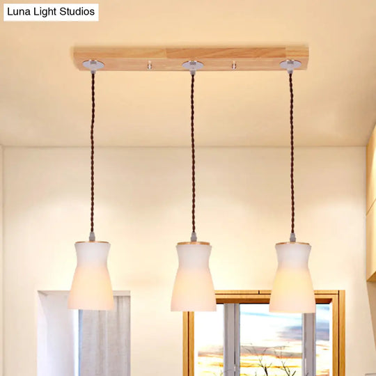 White Glass Milk Can Multi Ceiling Light - Modern Dining Room Hanging Lamp Kit With 3 Lights Wood