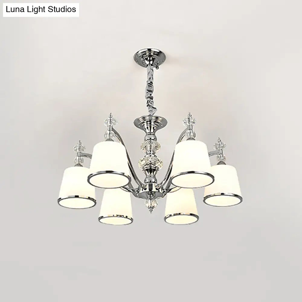 White Glass Minimalist Pendant Chandelier With Chrome Finish - Conical Design 3/6 Heads Down