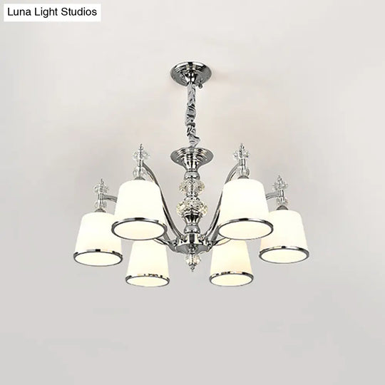 White Glass Minimalist Pendant Chandelier With Chrome Finish - Conical Design 3/6 Heads Down