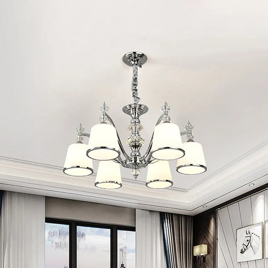 White Glass Minimalist Pendant Chandelier With Chrome Finish - Conical Design 3/6 Heads Down