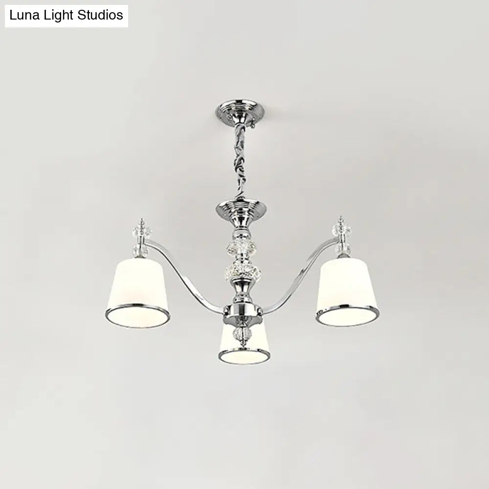 White Glass Minimalist Pendant Chandelier With Chrome Finish - Conical Design 3/6 Heads Down