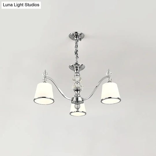 White Glass Minimalist Pendant Chandelier With Chrome Finish - Conical Design 3/6 Heads Down