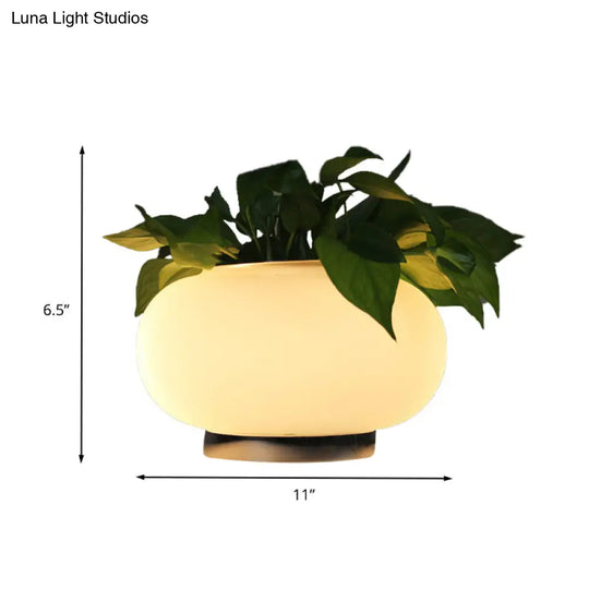 White Glass Oval Table Lamp - Industrial Led Nightstand Light For Living Room With Plant Decoration