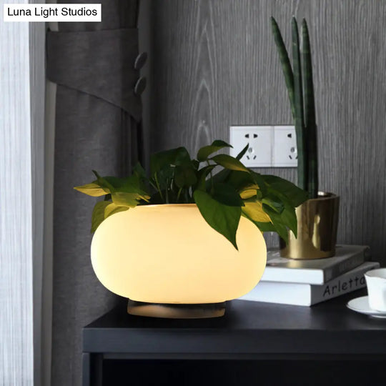 White Glass Oval Table Lamp - Industrial Led Nightstand Light For Living Room With Plant Decoration