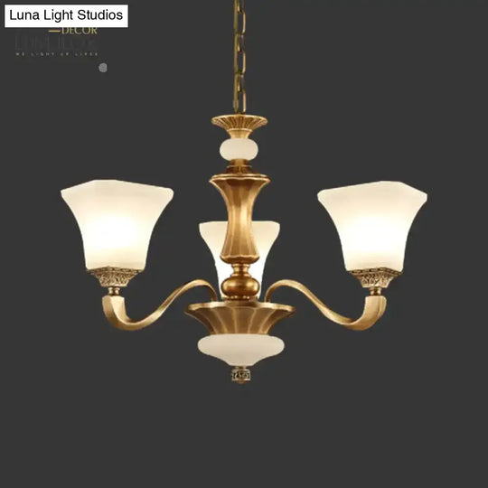 White Glass Pagoda Up Chandelier Traditional 3/6-Head Bedroom Hanging Pendant Light In Brass