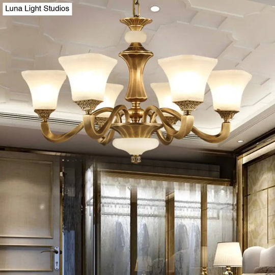 Classic Brass 3/6-Head Bedroom Pendant Light With White Glass Pagoda Design 6 /