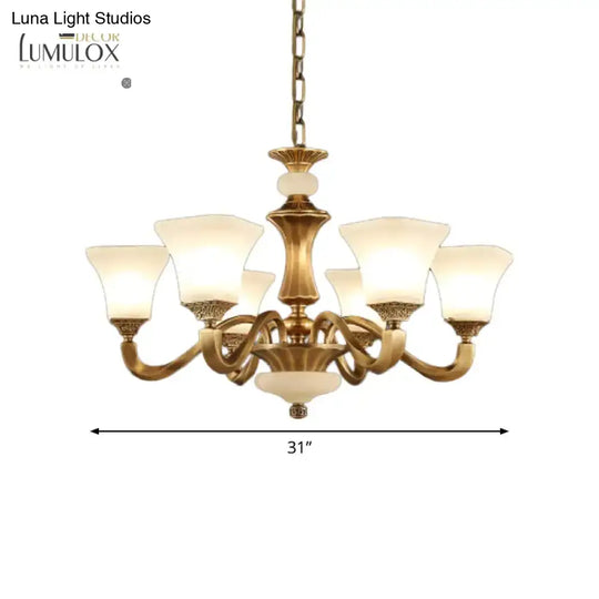 White Glass Pagoda Up Chandelier Traditional 3/6-Head Bedroom Hanging Pendant Light In Brass