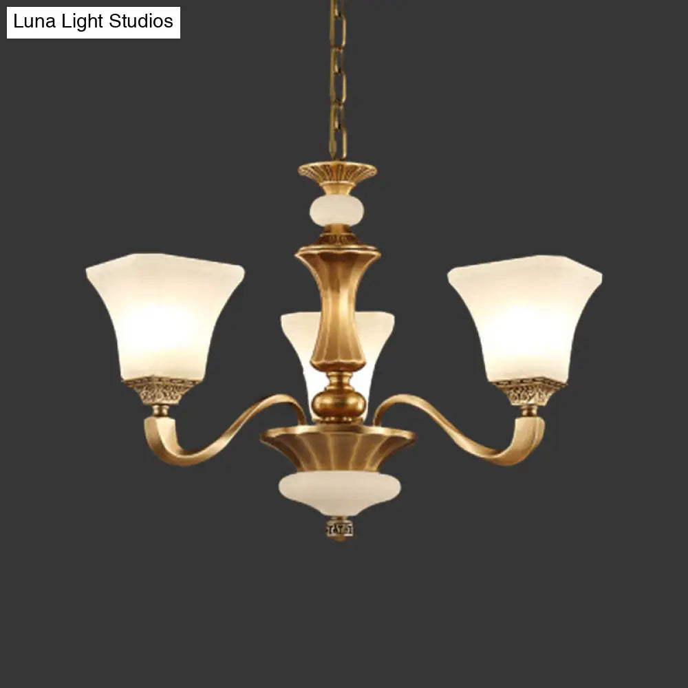 Classic Brass 3/6-Head Bedroom Pendant Light With White Glass Pagoda Design