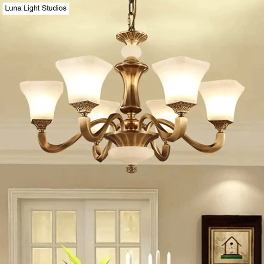 Classic Brass 3/6-Head Bedroom Pendant Light With White Glass Pagoda Design