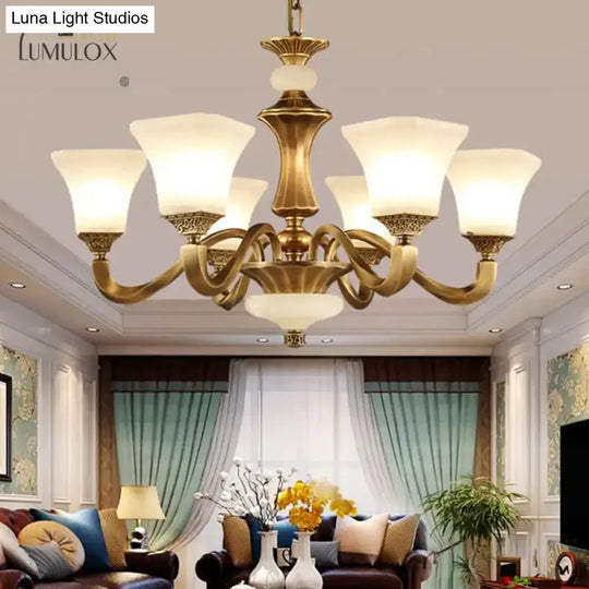 White Glass Pagoda Up Chandelier Traditional 3/6-Head Bedroom Hanging Pendant Light In Brass