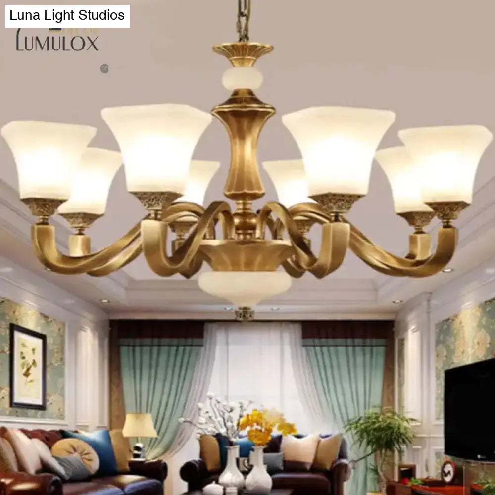 White Glass Pagoda Up Chandelier Traditional 3/6-Head Bedroom Hanging Pendant Light In Brass