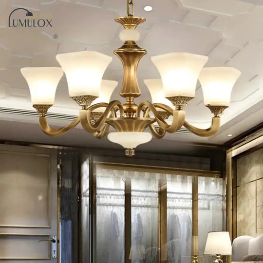 White Glass Pagoda Up Chandelier Traditional 3/6-Head Bedroom Hanging Pendant Light In Brass 6 /