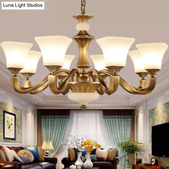 Classic Brass 3/6-Head Bedroom Pendant Light With White Glass Pagoda Design