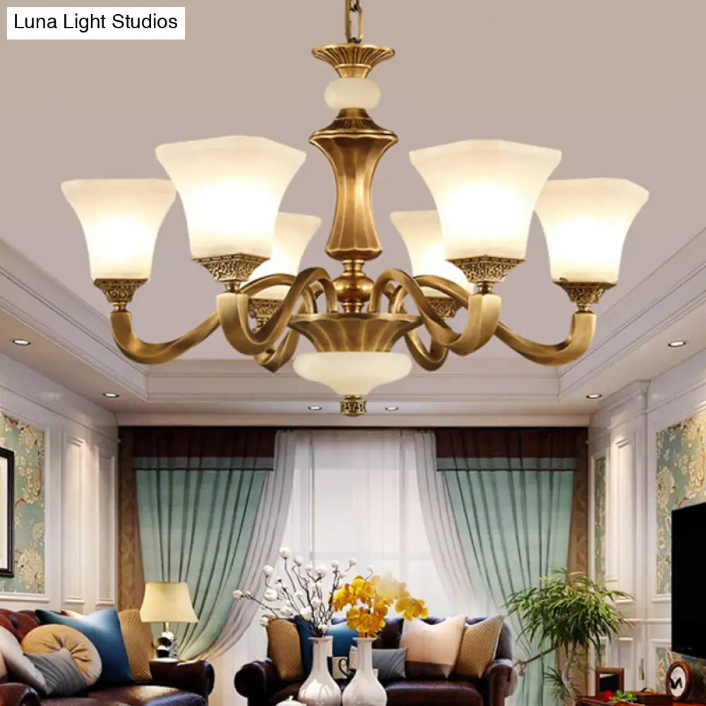 Classic Brass 3/6-Head Bedroom Pendant Light With White Glass Pagoda Design