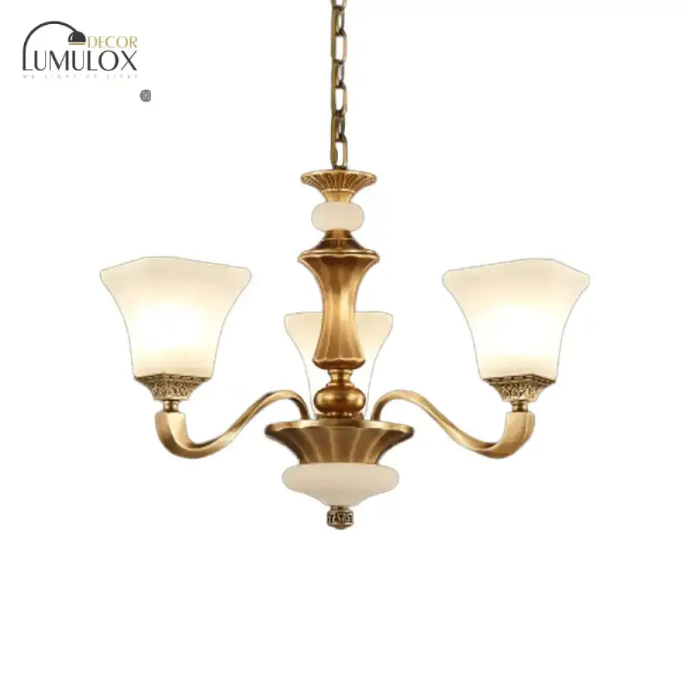 White Glass Pagoda Up Chandelier Traditional 3/6-Head Bedroom Hanging Pendant Light In Brass 3 /