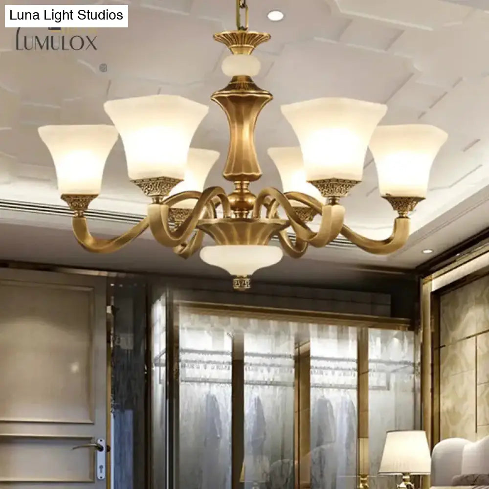 White Glass Pagoda Up Chandelier Traditional 3/6-Head Bedroom Hanging Pendant Light In Brass