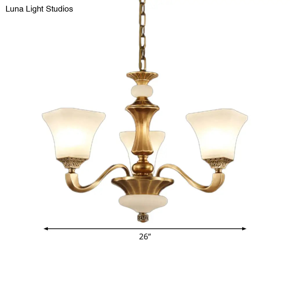 Classic Brass 3/6-Head Bedroom Pendant Light With White Glass Pagoda Design