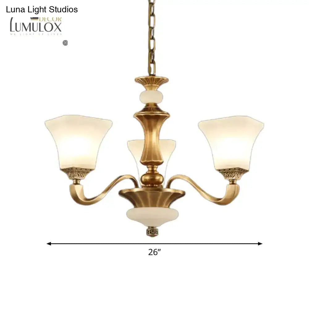 White Glass Pagoda Up Chandelier Traditional 3/6-Head Bedroom Hanging Pendant Light In Brass