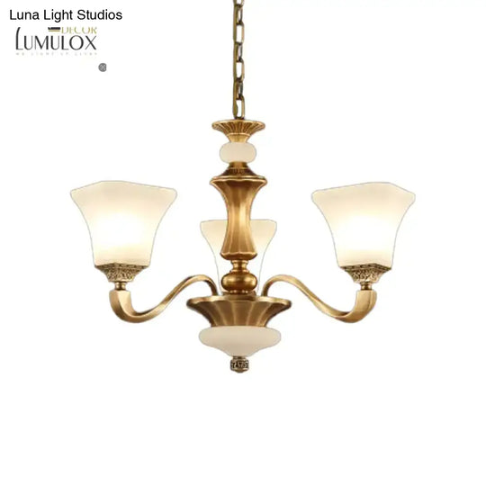 White Glass Pagoda Up Chandelier Traditional 3/6-Head Bedroom Hanging Pendant Light In Brass