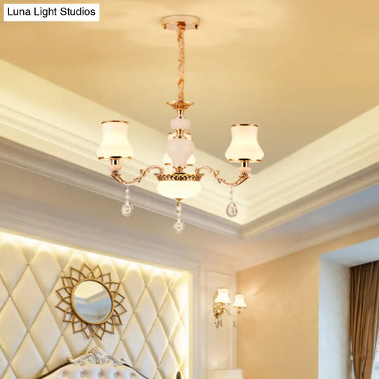 White Glass Pendant Chandelier With Crystal Draping For Living Room - Classic Bud Lighting