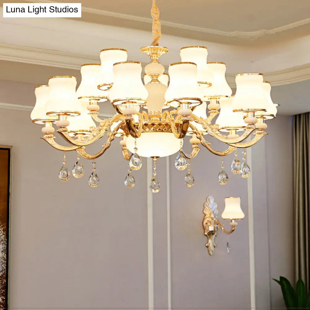 White Glass Pendant Chandelier With Crystal Draping For Living Room - Classic Bud Lighting