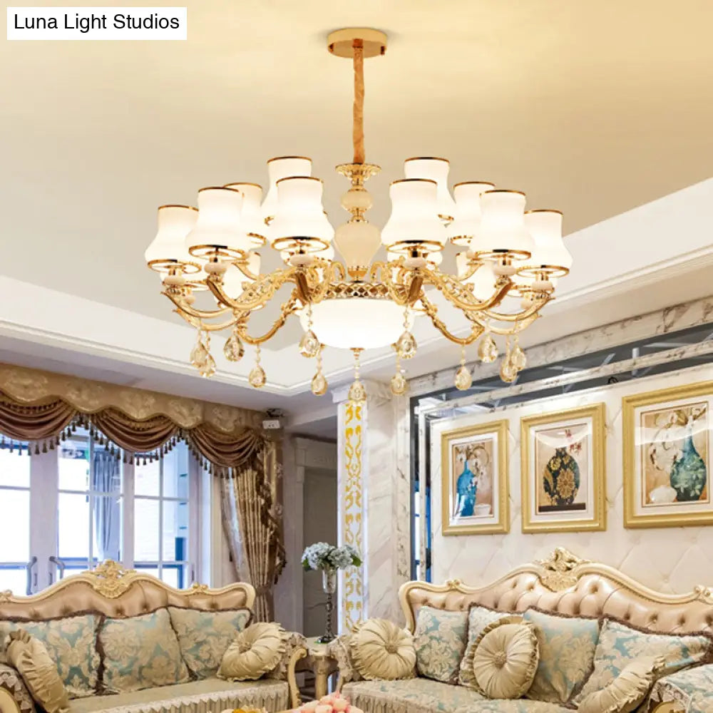 White Glass Pendant Chandelier With Crystal Draping For Living Room - Classic Bud Lighting