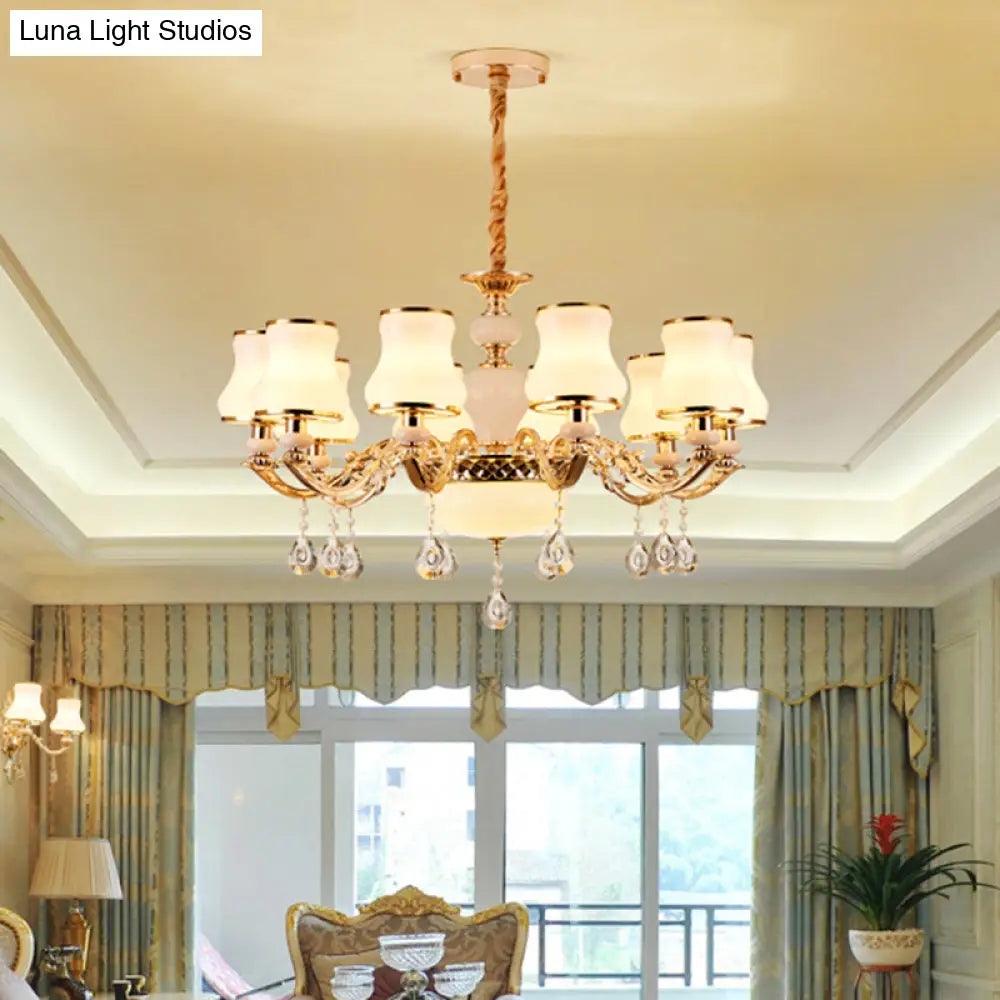 White Glass Pendant Chandelier With Crystal Draping For Living Room - Classic Bud Lighting