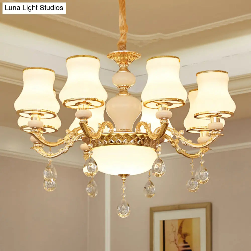 White Glass Pendant Chandelier With Crystal Draping For Living Room - Classic Bud Lighting