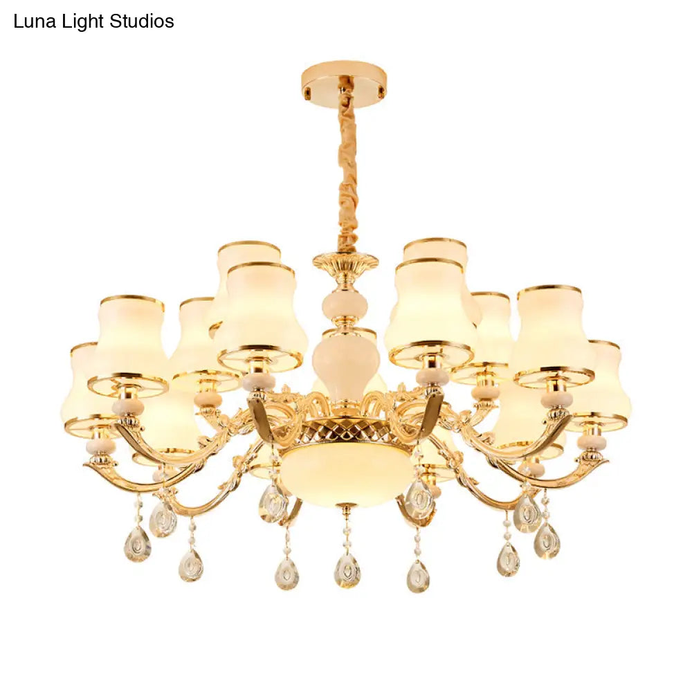 White Glass Pendant Chandelier With Crystal Draping For Living Room - Classic Bud Lighting