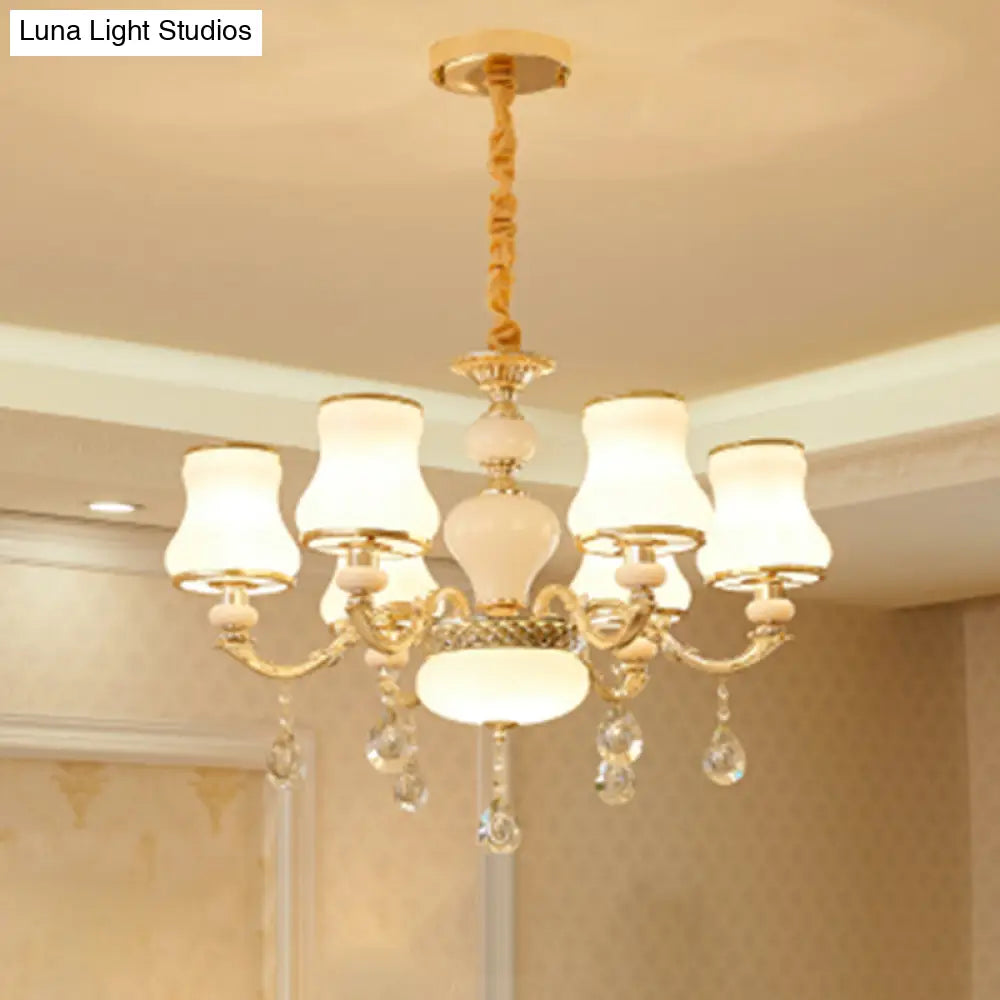 White Glass Pendant Chandelier With Crystal Draping For Living Room - Classic Bud Lighting