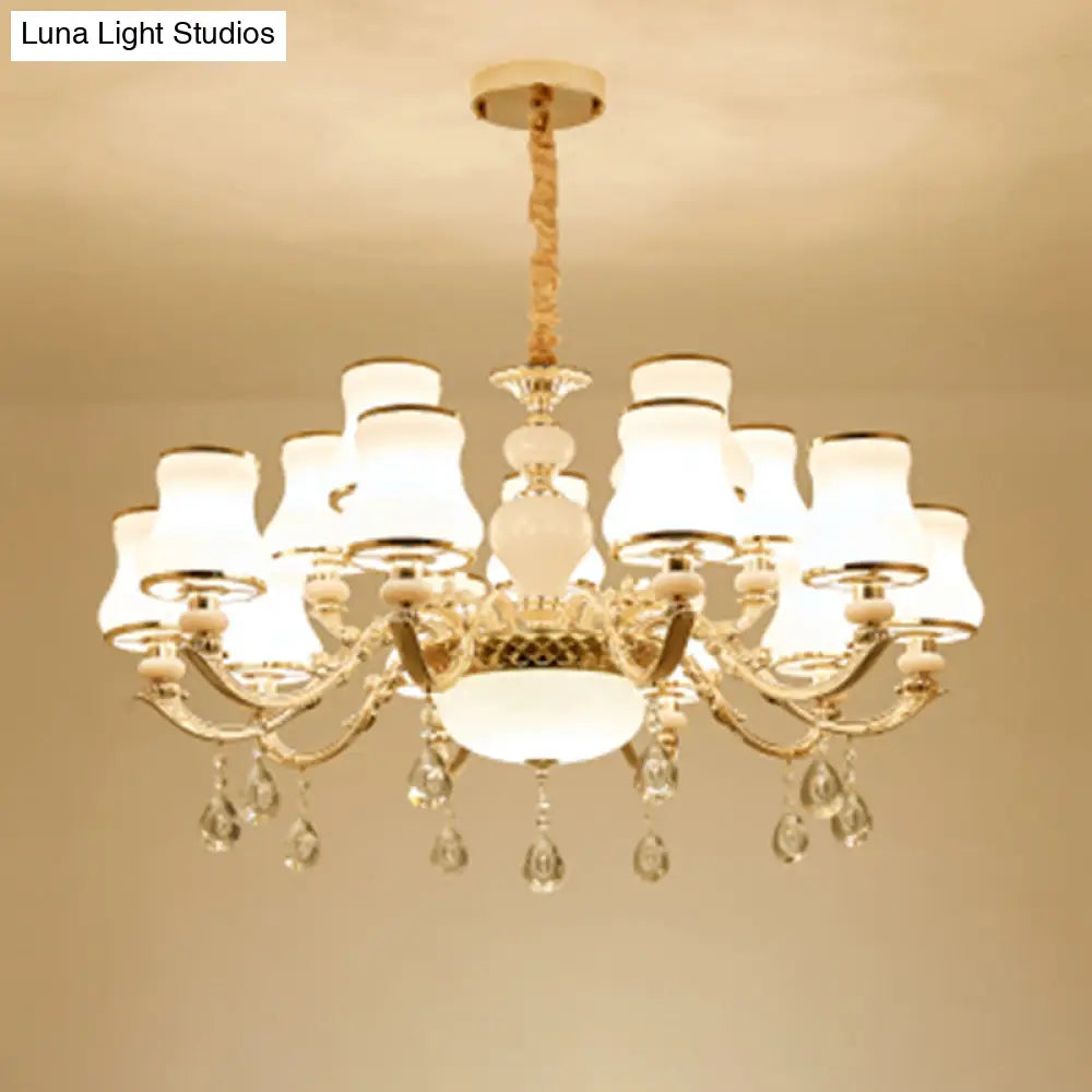 White Glass Pendant Chandelier With Crystal Draping For Living Room - Classic Bud Lighting