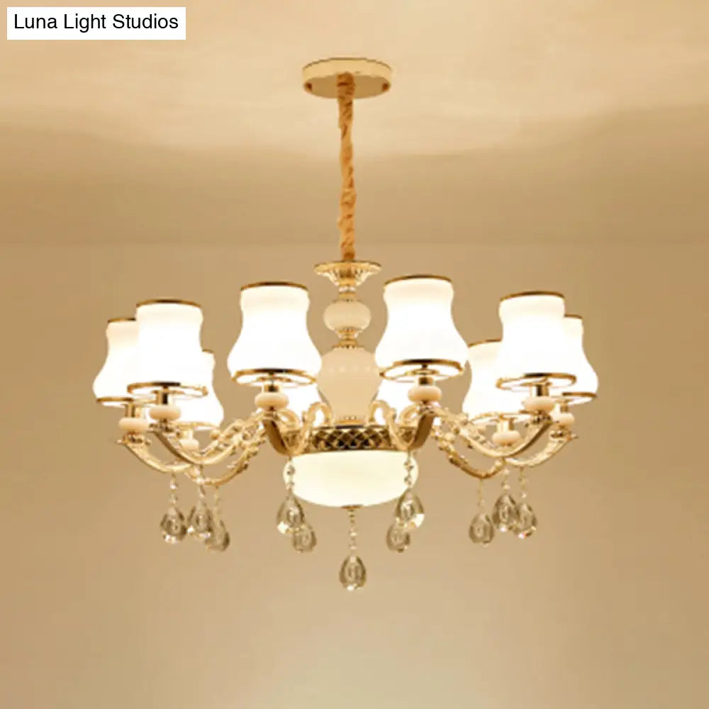 White Glass Pendant Chandelier With Crystal Draping For Living Room - Classic Bud Lighting