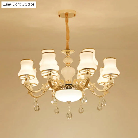 White Glass Pendant Chandelier With Crystal Draping For Living Room - Classic Bud Lighting