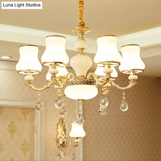 White Glass Pendant Chandelier With Crystal Draping For Living Room - Classic Bud Lighting