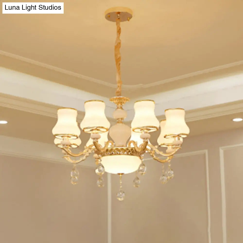 White Glass Pendant Chandelier With Crystal Draping For Living Room - Classic Bud Lighting