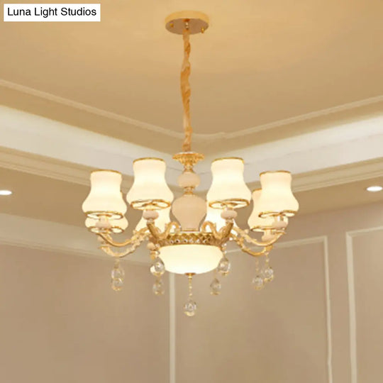 White Glass Pendant Chandelier With Crystal Draping For Living Room - Classic Bud Lighting