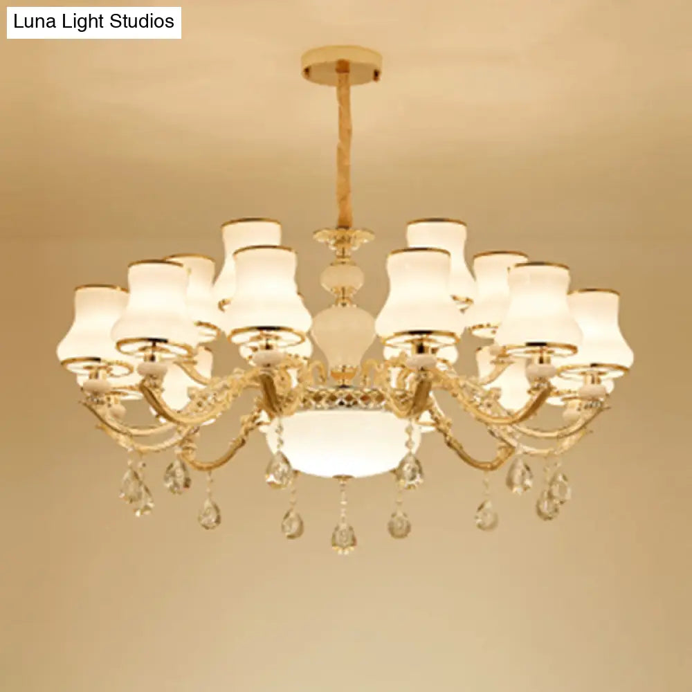 White Glass Pendant Chandelier With Crystal Draping For Living Room - Classic Bud Lighting