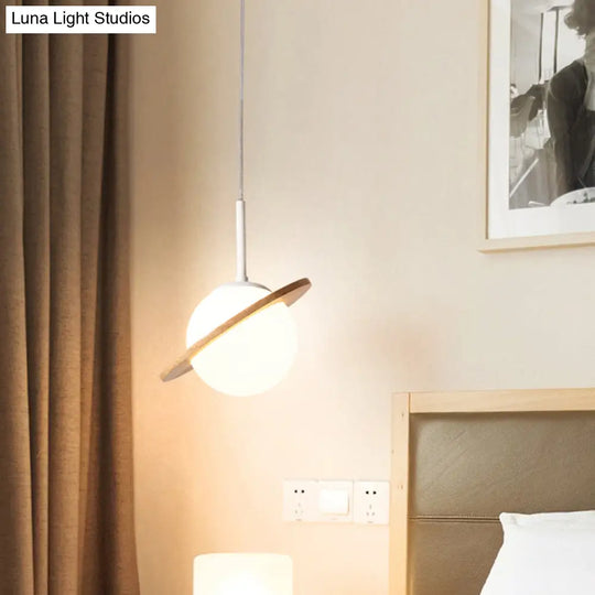 White Glass Pendant Lamp With Wood Ring - Simple Global Hanging Fixture For Bedside