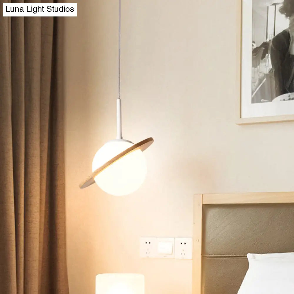 White Glass Bedside Pendant Lamp With Wood Ring - Simple Global Design