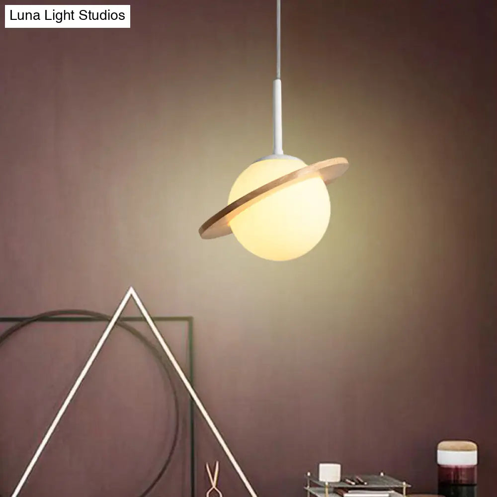 White Glass Bedside Pendant Lamp With Wood Ring - Simple Global Design