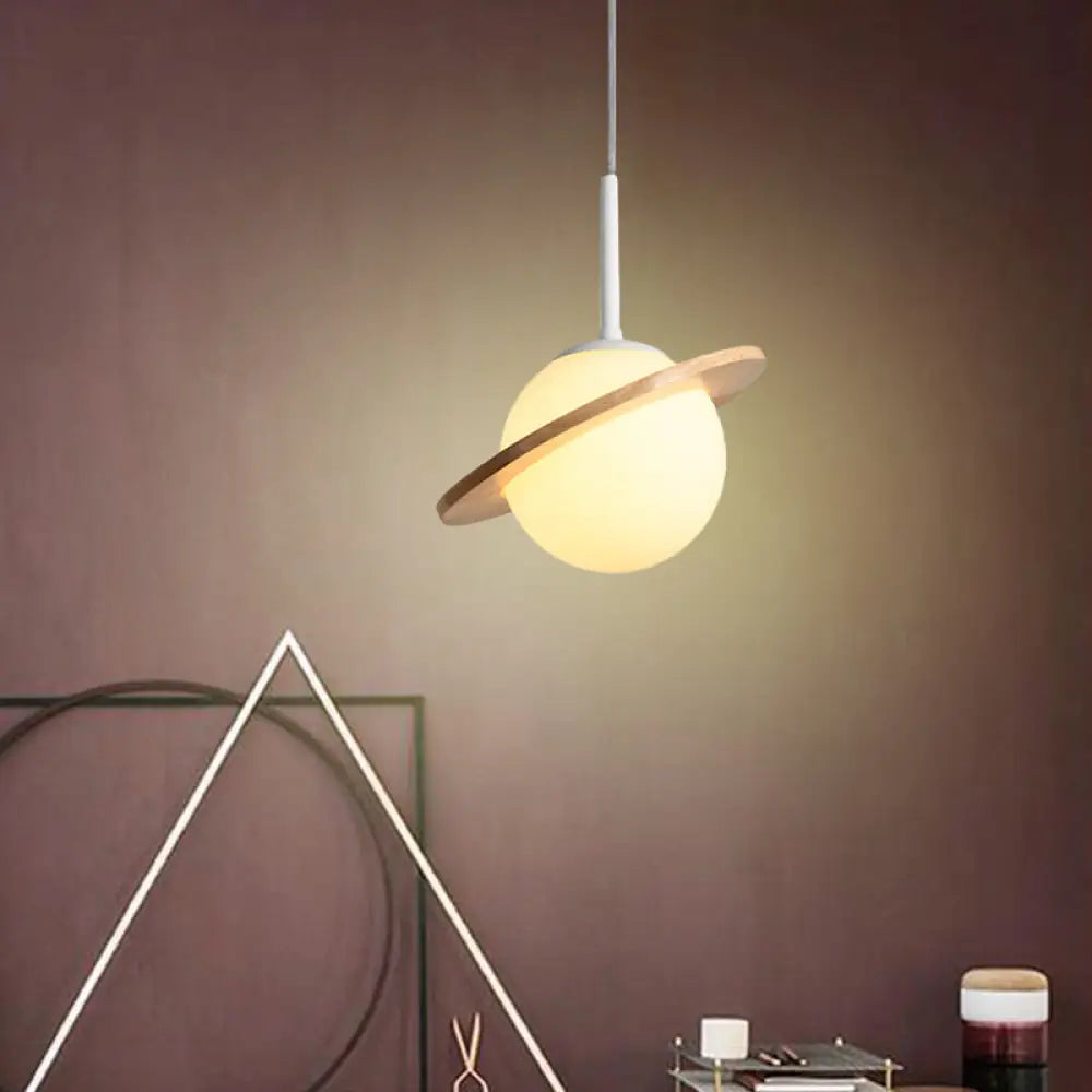 White Glass Pendant Lamp With Wood Ring - Simple Global Hanging Fixture For Bedside