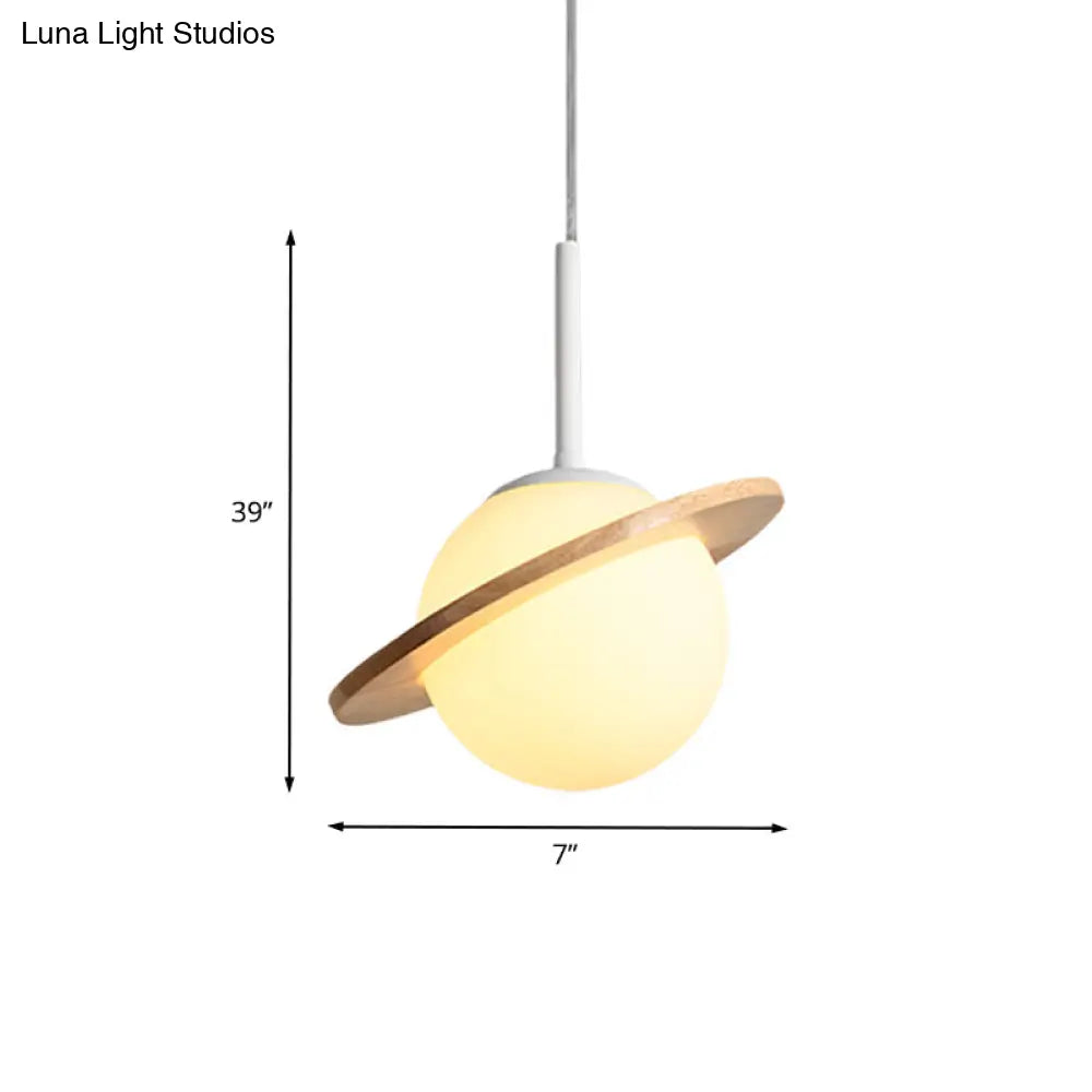 White Glass Bedside Pendant Lamp With Wood Ring - Simple Global Design