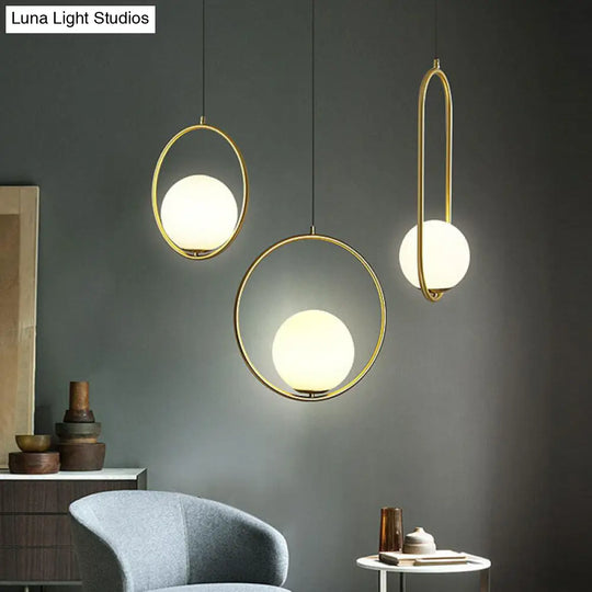 Simple White Glass Pendant Light With Metal Ring - Ball Ceiling Lamp