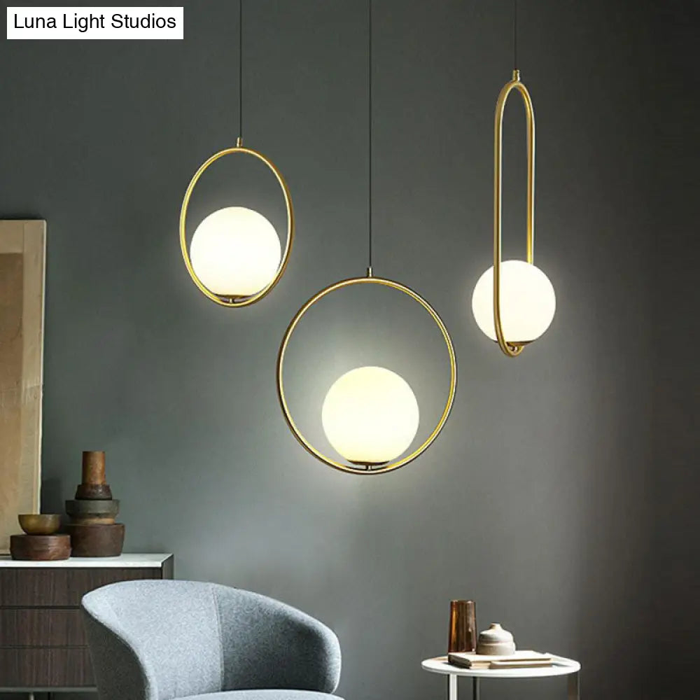 White Glass Pendant Light With Metal Ring - Simple Ball Ceiling Lamp