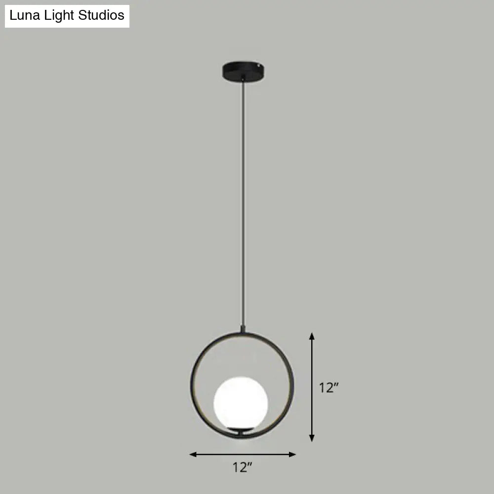 Simple White Glass Pendant Light With Metal Ring - Ball Ceiling Lamp Black / 12