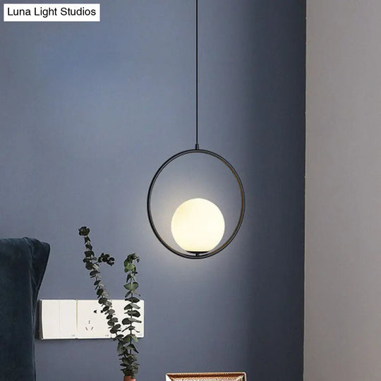 Simple White Glass Pendant Light With Metal Ring - Ball Ceiling Lamp