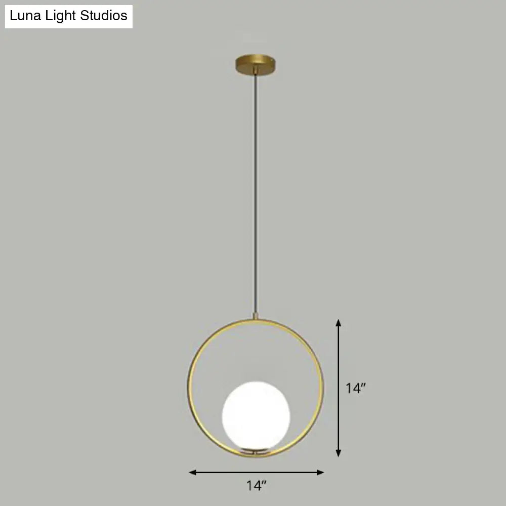 Simple White Glass Pendant Light With Metal Ring - Ball Ceiling Lamp Gold / 14